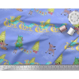 Soimoi Blue Cotton Canvas Fabric Sleigh,Deer & Tree Christmas Fabric Prints by Yard 42 Inch Wide