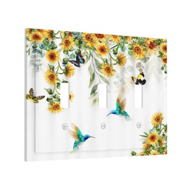 Spshian Yellow Sunflower Blue Hummingbird Butterfly 3 Gang Light Switch Covers Decorative Rustic Farmhouse Floral Plant Triple Toggle Wall Plate Cover 3 Hole Electrical Device Switchplate for Bathroom