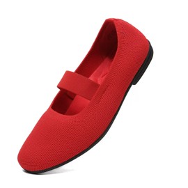 DEXJEWU Women’s Flats Shoes Knit Mary Jane Ballet Flat Comfort Walking Dressy Work Office Ballerina Slip-on Shoes with Strap, 027 Red, 6 US