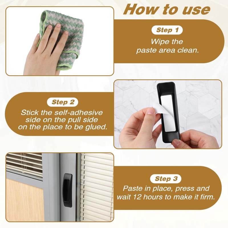 4 Pcs Black Adhesive Cabinet Handles, Self-Stick Instant Drawer Handle,