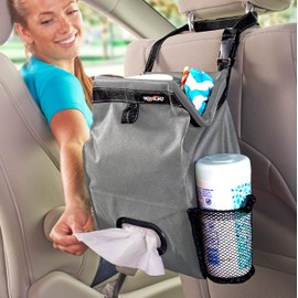 High Road Car Back Seat Trash Bag with Tissue Holder and Cup Holder Pockets - Holds Full Size Tissue Box - 2 Gal Covered Car Trash Can