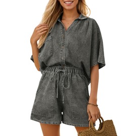 Zilcremo Womens 2 Piece Outfits Summer Denim Sets Short Sleeve Button Down Crop Jean Shirts High Waist Denim Shorts Sets Greyblack M