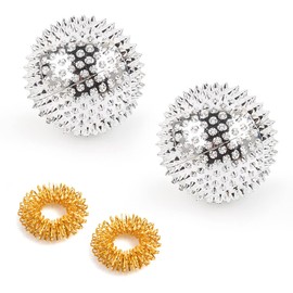 2 pieces magnetic acupressure balls with 2 pieces massage rings, hand massage ball, ABS massage ball, small hand massager, silver hand massage ball, golden mini finger massager.