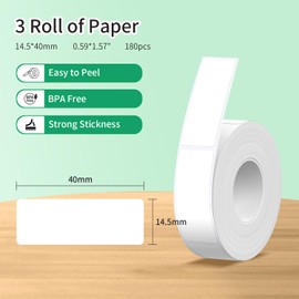 Rongta R5 Label Maker Tape, 14x40mm (0.55"x1.57"), Standard Laminated Thermal Label Tape Replacement, for Home Office Small Business, 180 Labels/Roll (White, 3 Rolls)