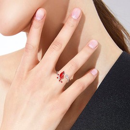 925 Sterling Silver Cardinal Ring - Red Bird Rings with Heart Cubic Zirconia Cute Animal Jewelry I am Always With You Memorial Gifts for Women