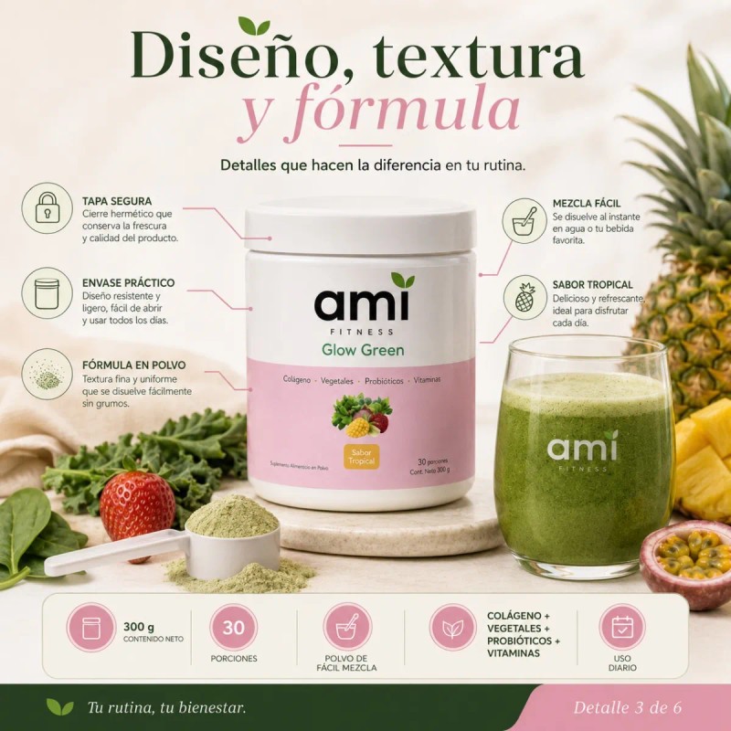 Ami Glow Green Colágeno Probióticos Fitness Mujer