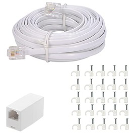 20 Feet Long Telephone Extension Cord Phone Cable Line Wire, with Standard RJ11 Plug and 1 in-Line Couplers and 25 Cable Clip Holders-White (20 Feet)