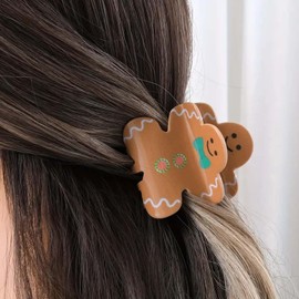 1PCS Christmas Hair Clips - Cute Gingerbread Man Hair Claw Clips, Small Size Light Brown Color Claw Clips for Hair Styles, Christmas Cute Designs Plastic Hair Accessories for Decor