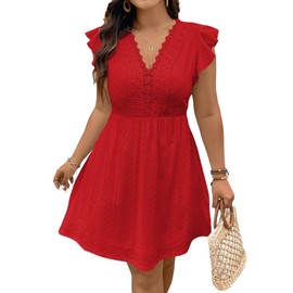 Eytino Women Plus Size Summer Dresses 2025 Fashion Lace V Neck Ruffle Sleeve Boho Beach Sundress,4X Red