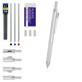 4 in 1 Multi Function Refillable and Retractable Multi Color Pen,Black Red Blue Ballpoint Pen and 0.7mm Multicolor Pencil, Multicolor Pen Gift for Journaling (Silver)