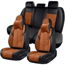 BWTJF Car Seat Covers Full Set, Front and Rear Seat Covers for Cars, Leatherette Auto Seat Protectors with Head Pillow, Car Seat Cushions Fit for Most Sedans SUV Pick-up Truck, Black and Brown