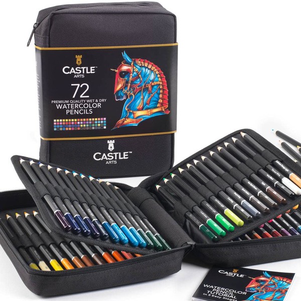 Castle Art Supplies 72 Watercolour Colouring Pencils Set in Zip-Up Case for Adults Artists | Quality Cores with Vivid Colours to Create Beautiful Blended Effects with Water | Includes travel case