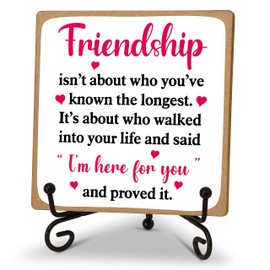 Friendship Gifts for Women Men, Desk Decor for Best Friend, Friendship isn't About Who You've Know the Longest Quotes Wood Plaque With Metal Stand, Sunflower Desk Sign for the Home Office(C25)