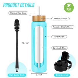 FULBEVY 32 oz Glass Water Bottles - 1 Liter Motivational Tumbler Water Bottle Time Marker - Borosilicate Glass Water Bottle With Silicone Sleeve and 2 Lids, Handle Spout & Bamboo Straw Lid