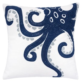 Homey COZY Embroidery Navy Velvet Octopus Throw Pillow Cover,Ocean Blue Series Nautical Decorative Pillow Case Coastal Beach Theme Home Decor 20x20,Cover Only