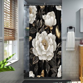 Black and Gold Boho Floral Shower Curtain, Vintage Unique Dark Flowers Botanical Aesthetic Decorative Shower Curtain Set, Pretty Gold Boho Farmhouse Curtains Bathroom Accessories with Hooks 36"x72"