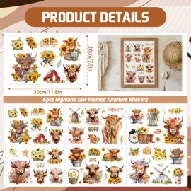 Highland Cow Rub on Transfers - Joybileefun 6 Sheets Sunflower Highland Cow Transfers for Crafts Farm Animals Rub on Transfer Stickers Decor for Furniture Wood Glass Scrapbook Home Decor