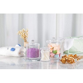 UPSTORE 2 Pieces Clear Acrylic Cotton Swab Holder with Plastic Lids Makeup Container Organizer for Apothecary Jars Bathroom Container for Cotton Balls Cotton Pads