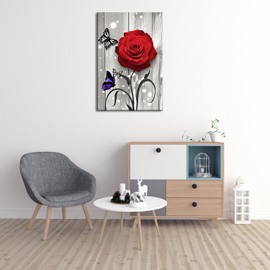 ZHIYYHAO Black and White Red Rose with Butterflies Canvas Painting Framed Modern Artwork for Bedroom Bathroom Livingroom Office Spa Yoga Room （Rose-7，18.00L X12.00W''）