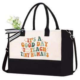 Kimoli Teacher Appreciation Gifts, Black and White Canvas Tote Bag, Reusable Grocery Shoulder Bags, Aesthetic Totes with Zipper and Straps, Beach Travel Weekender Gym Shopping Handbag for Outdoor-27C