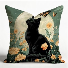 Velvet Decorative Throw Pillow Cover,18x18 Inch Soft Cushion Pillow Covers,Vintage Black Cat with Floral Moon Pillowcase,Farmhouse Home Decor for Sofa Living Room Couch Bed Not Pillow Inserts