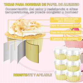 YEVDCVZX 100 Piezas 5oz Tazas de Aluminio para Hornear,Tazas de Postre de Aluminio con Tapa y Cucharas,Reutilizables,Horneables,Aptos para Magdalenas,Crema, Brulee (Oro)