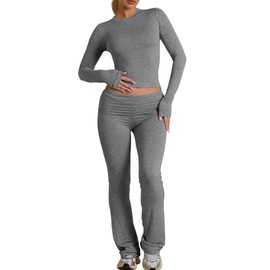 BORIFLORS Women's Workout 2 Piece Lounge Sets Long Sleeve Tops Foldover Flare Pants Casual Outfits Tracksuit,Small,Dark Grey