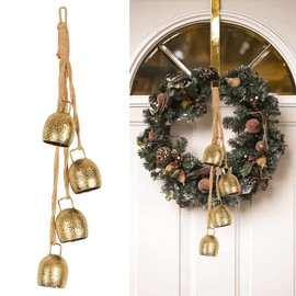 Christmas Bells Decorations,Set of 4 Gold Rustic Vintage Bells,Jingle Bells Christmas Decorations Chimes,Christmas Rope Bells,Christmas Hanging Bell,Cow Bells Christmas