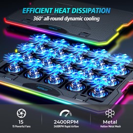 AIMIUZI Gaming Laptop Cooling Pad, Laptop Cooler with 15 Quiet Fans for 12-17.3 Inch Notebook, Slim Portable Laptop Cooling Stand with 7 Height Adjustable, 2 USB Ports, Phone Stand
