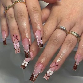 SEMATA Long French Tip Press on Nails Square Acrylic Fake Nails Press Ons with Designs Leopard Print Bow Pink Stick on Nail with Glue Pearls Artificial Glue on False Nail for Women and Girls 12 Sizes