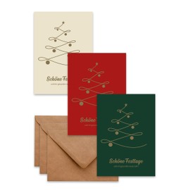 Christmas Cards with Envelope (Set of 15) Tree Mix - High Quality Modern Folding Cards & Envelopes (Kraft Paper) - Partial Gold Lacquer - Unique Design