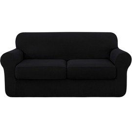 SUBRTEX 3 Piece Sofa Cover High Stretch Couch Slipcover for 2 Cushion Soft Sofa Slipcover Loveseat Cover Jacquard Fabric Furniture Covers with Elastic Bottom Machine Washable(Black,Loveseat)