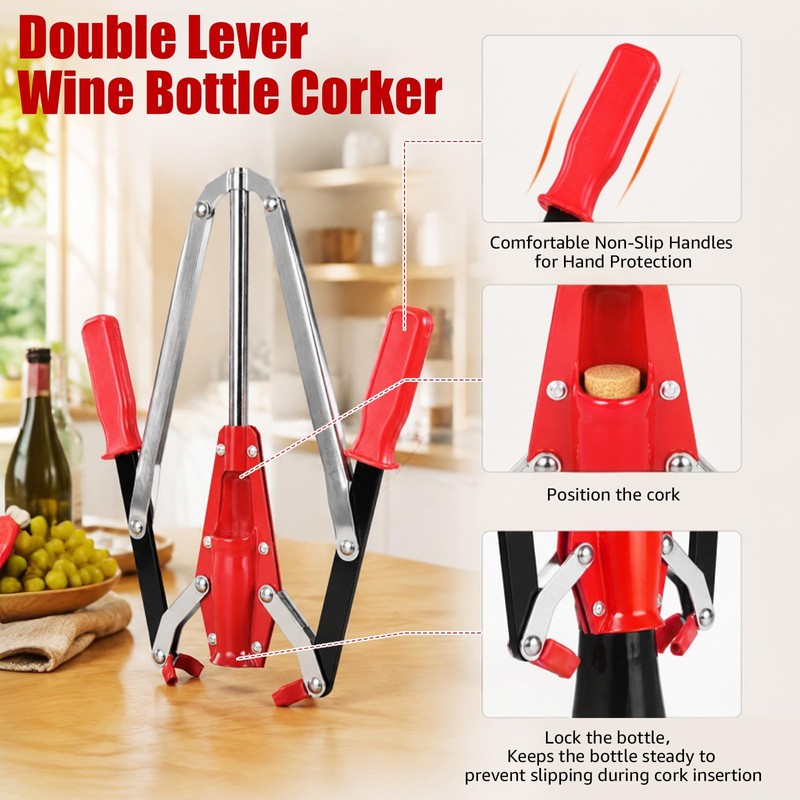 Hgkeke Double Lever Wine Corker, Effortless Metall Corker for Wine