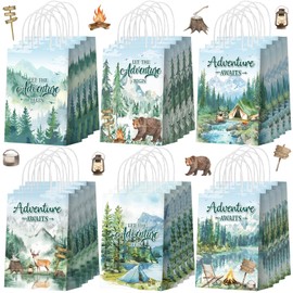 Yeaqee 24 Pcs Adventure Themed Party Favor Bags Adventure Gift Paper Bags with Handle Candy Treat Gift Wrapping for Weeding Birthday Party Favor(Forest)
