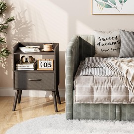 Huhote NightStand with Open Shelf,Night Stand with Drawer Storage Side Table End Tables,Bedside Table with Solid Wood Feet,Mid Century Night Stands for Bedroom Sofa Couch Small Spaces (Black)