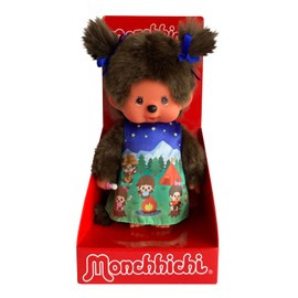 Sekiguchi 243082 Original Monchhichi Girl Plush Toy with Dress and Braids with Bows, Approx. 20 cm Large Cuddly Toy Made of Brown Plush
