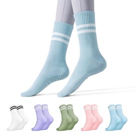 TIECHI 5 Pairs Non Slip Yoga Socks for Women, Cotton Pilates Socks Mid-Calf Grip Socks for Ballet, Hospital, Dance, Fitness, Running