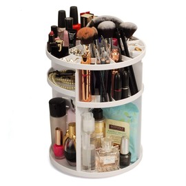 MobileVision Makeup Organizer Rotating Tabletop Cosmetic & Toiletry Holder Adjustable Shelving for Brushes, lotions, perfumes, Nail Polish, Skin Care & More, White