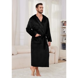 EK4YDNDS Mens Hooded Fleece Robe, Lightweight Soft Warm Fleece Bathrobe Shower Spa Long Robe With Pockets(Black,2XL/3XL)