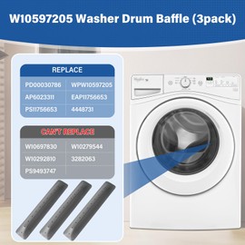 (3 Pack) W10597205 Washing Machine Drum Baffle Compatible With Whirlpool Maytag WFW61HEBW1 MHW3100DW0 WFW72HEDW0, WPW10597205 Drum Baffle Replace 4448731 AP6023311 PS11756653 EAP11756653