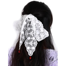 Lace Ribbon Headband Cute Flower Pattern Embroidery Hair Arrangement Hair Ornament Lace Hair Accessory Fashionable Red Ball Princess Scarf Forest Girl Hair Ornament Wedding Graduation Ceremony (White