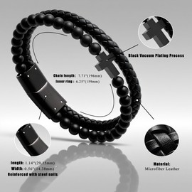 Hengbofeng Mens Bracelet, Mens Gift, Black Woven Leather with Black Stainless Steel Cross Jewelry, 7.5-inch Charming Bracelet, Embedded with Black Agate Beads, Pendant Bracelet, Suitable for Father, Friends, Brothers, Sons