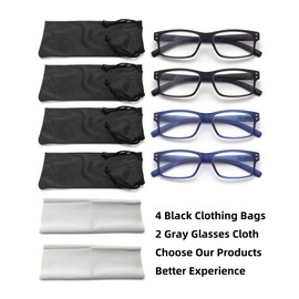 FoxMook 4 Pack Reading Glasses, Spring Hinges Clear Lens Blue Light Blocking Computer Eyeglasses Reduce Eyestrain, Matte 2 Pairs Black 2 Pairs Blue 0.0