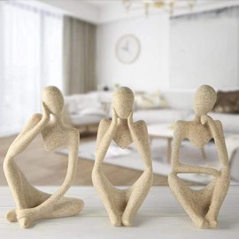 Ecacon 3Pcs Minimalist Decor Abstract Thinker Statue Sculpture Set，Neutral Home Decor Mini Sandstone Thinker Figurines， Modern Home Living Room Office Shelf Desktop Bookshelf Table Decor