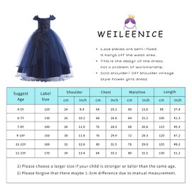 Weileenice Navy Blue Flower Girls Dress 4 5 Cold Shoulder Vintage Embroidery Toddler Formal Wedding Birthday Lace Dresses Sequin Beads Girl Princess Kids Pageant Bridesmaid Party Prom Tulle Ball Gown