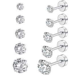 Pack of Screw Back Cubic Zirconia Earrings Studs 3MM/4MM/5MM/6MM/8MM,Titanium Screw Back Stud Earrings Hypoallergenic for Men Women Birthday Anniversar (silver)