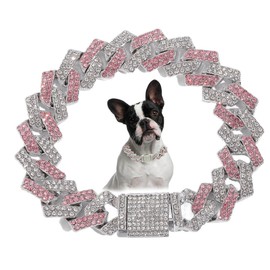 Pink Dog Necklace, Bling Diamond Cuban Link Dog Collars Glitter Rhinestone Puppy Chain For Small Medium Large Pet Dogs, 16-Inch