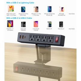 VILONG Desk Clamp Power Strip with PD20W USB-C, VILONG 2 in 1 Dual Layer Under Desk Power Strip, Removable Clamp Power Socket with 10AC Outlets & Switch, 6ft Extension Cord