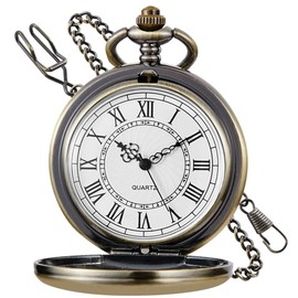 Tiong Classic Smooth Steel Roman Numerals Quartz Pocket Watch with Chain for Men Women Birthday, bronze
