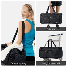 Lekesky Large Foldable Travel Duffe Bag - 60L Waterproof Holdall Luggage Bag with Shoes Compartment, Weekend Overnight Sports Bag for Women and Men(Black, 63 * 30 * 28cm)